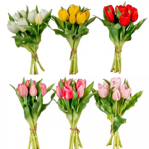 Élethű tapintású 7 virágos tulipán csokor fehér
