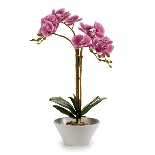 Élethű lila orchidea fehér cserépben 58cm
